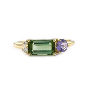 最畅销的三石订婚戒指绿色电气石紫水晶戒指