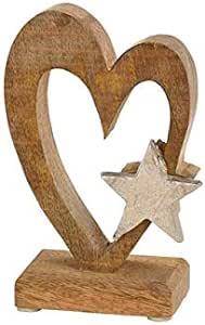 Figura Decorativa Ecológica de Corazón con Estrella de 15 cm, Madera de Mango Sólida, Color Marrón Natural, Estrellas de Metal, Aluminio Plateado, Base Decorativa en Forma de Corazón - Product Image 2