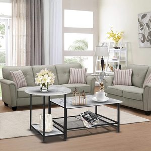 Mesa de centro de mármol blanco, estante de almacenamiento de madera de 2 niveles, rectangular, redondo, grande, desmontable, moderno, para sala de estar, blanco - Product Image 4