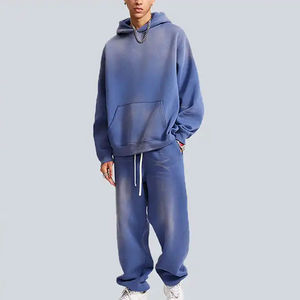 Ensemble de survêtement lavé à l'acide avec imprimé soleil personnalisé sweat à capuche avec appliques de Streetwear en détresse pantalon de survêtement éponge hommes décontracté - Product Image 3