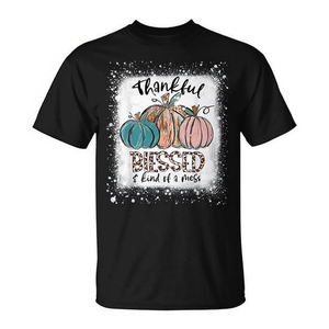 Camiseta de Acción de Gracias con estampado de texto: Thankful Blessed Kind of a Mess-Bleached - Product Image 2