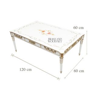 Mesa de Centro Rectangular Blanca de Lujo con Arte Floral Pintado a Mano y Detalles en Latón Dorado Antiguo para Sala de Estar Clásica - Product Image 5