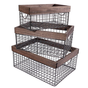 Set of 3 <b>Wooden</b> Top Wire Storage <b>Baskets</b> with Built-In Handles Organizer for Kitchen Containers Top Trending - Product Image 1