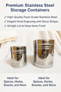 Ensemble de pots de rangement en acier inoxydable gravé de fleurs dorées élégantes et modernes, contenants cylindriques pour une utilisation en cuisine - Product Image 4
