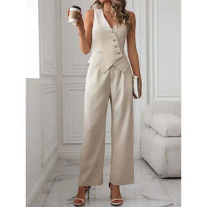 Ensemble deux pièces pour femmes, veste sans manches à col en V croisé et pantalon en satin boutonné sur le devant, 37410 - Beige - Product Image 5