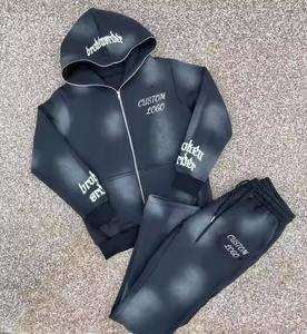 Ensemble de survêtement personnalisé à fermeture éclair délavé à l'acide pour homme, imprimé en relief, survêtement ample, sweat-shirt et pantalon de survêtement en tissu éponge, style hip-hop, automne - Product Image 2