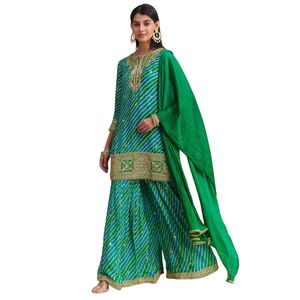 Leheriya ชุดปักผ้าชิออนสีเขียวเทอร์ควอยซ์สำหรับงานแต่งงานงานเลี้ยงต้อนรับรื่นเริงและโอกาสทางวัฒนธรรมแบบดั้งเดิม - Product Image 2