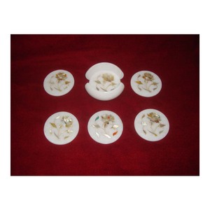 Round Shape Best Quality Handmade Polished White Marble Inlay <b>Coaster</b> <b>Set</b> With Smooth and Glossy Surface - Product Image 1
