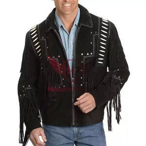 Blouson de moto de style occidental de haute qualité en cuir de vache véritable noir avec franges et perles, matériau en tissu pour motards - Product Image 1