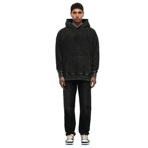 Sudadera con capucha de gran tamaño Unisex gran oferta 100% algodón Jet Black Acid Washed 500 GSM logotipo de marca personalizado bordado informal para hombre - Product Image 3