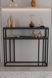 Console moderne minimaliste en métal avec 2 étagères pour l'entrée, le salon, meuble au design stable, finition noire - Product Image 4