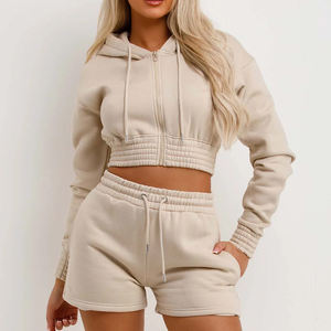 2024 vente chaude femmes classique fermeture éclair à capuche Shorts ensemble coton polaire survêtement pour femmes surdimensionné fermeture éclair capuche vêtements de sport - Product Image 5