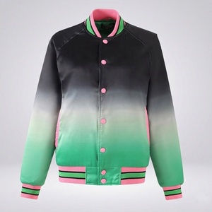 เสื้อแจ็คเก็ตวาร์ซิตี้ไล่เฉดสีสำหรับชมรมนักเรียน แบบยูนิเซ็กส์ สไตล์ลำลอง ทรงบอมเบอร์ มีฮู้ด สีชมพูเขียว ติดกระดุมด้านหน้า ทรงปกติ เหมาะสำหรับใส่ในฤดูหนาว - Product Image 1