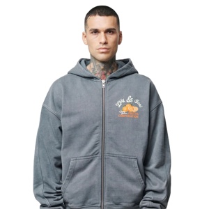 Sweat à capuche zippé graphique personnalisé OEM pour homme, gris, effet délavé vintage, imprimé fruits, vêtement de sport, vêtement d'extérieur, haut pour homme - Product Image 1