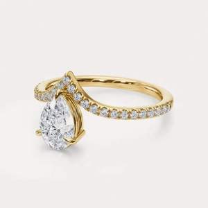 Women's Lab Grown Pear Shape <b>Diamond</b> <b>Ring</b> with Curved Pav Band in 18K Yellow Gold Luxury Rhodium Plated - Product Image 3