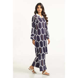 Conjunto Coordinado de Dos Piezas para Mujer, Estampado Dobby Texturizado Azul Marino, Estilo Casual, Largo por Encima de la Rodilla, Tallas XS y XXS, para Ocasiones de Oficina - Product Image 1