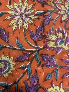 Tela Tradicional Multicolor con Estampado Floral a Mano sobre Base Naranja, Estética Textil Folclórica Mexicana - Product Image 2