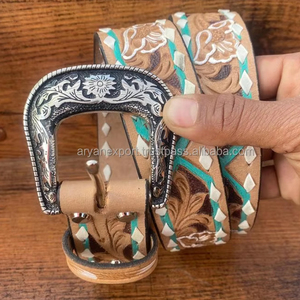 Teal Hand Tooled Leather <b>Belt</b> With Buck Stitch Western Genuine Leather Handmade Full Grain Cowhide Floral Cowboy & Cowgirl <b>Belts</b> - Product Image 2