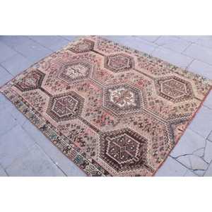 4.7x5.8 ft Vintage Rug, Turkish Rug, <b>Brown</b> Check <b>Wool</b> Rug - Product Image 2