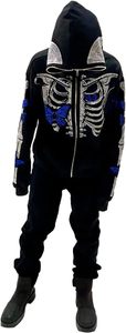 Sweat à capuche zippé Y2K avec strass pour hommes Sweat-shirt oversize avec crâne et squelette pour femmes Veste gothique zippée sur le visage - Product Image 3