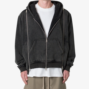 Sweats à capuche en coton éponge lavé 100% personnalisés pour hommes de haute qualité Vintage Distressed Acid Wash Zip-Up Design pour l'hiver - Product Image 2