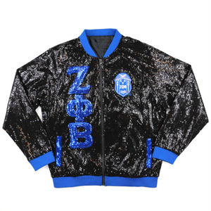 ZPB <b>Sequin</b> <b>Jacket</b> Black 100% Polyester Zeta Phi Beta <b>Jacket</b> with Embroidered Logos <b>Sequin</b> Sleeves Front Zip Ribbed Cuffs - Product Image 1