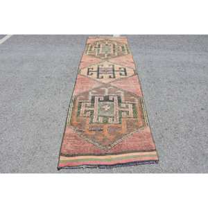 Tapis Vintage en Laine Turque 3 X 9,8ft Rose Vert Surdimensionné Plat Tissage Patchwork Motif 10mm pour Décorations de Salon - Product Image 1