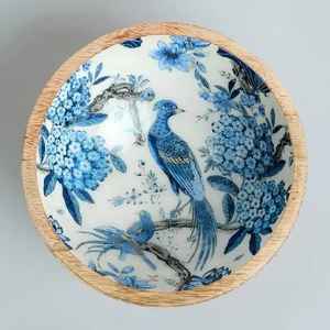 Tazón de madera de mango esmaltado con estampado de grulla vintage, corte de pera, decorativo con motivo de pájaro, plato de ensalada de madera para vajilla de cocina artesanal - Product Image 3