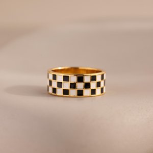 Anillo grueso a cuadros de plata 925 chapado en oro, anillo llamativo grueso en blanco y negro, regalo de joyería de oro de estilo Retro para el mejor amigo - Product Image 4