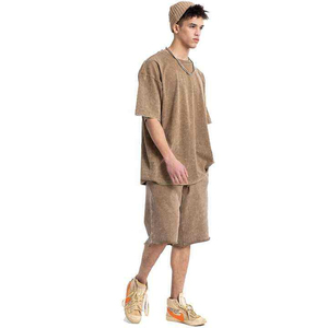 Nouvel ensemble 2 pièces homme 2026 de qualité supérieure en coton délavé à l'acide, style streetwear, avec broderie logo (chemise et short) - Product Image 6