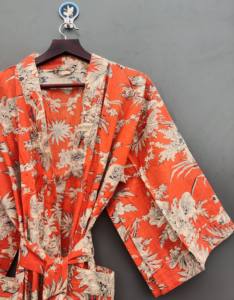 Kimono con estampado de algodón 100% Floral naranja bohemio hecho a mano, bata de ducha ligera, secado rápido, transpirable, hasta la rodilla, Verano - Product Image 4