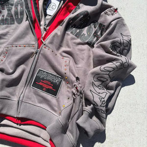 OEM Seasonal Specials 3 Layered Ripped Rhinestones <b>Zip</b> <b>up</b> <b>Hoodie</b> Men Custom Vintage Washed printed Layer men <b>Hoodie</b> - Product Image 6