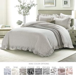 100% Stone Washed Cotton Duvet Cover Set 3-Piece <b>Ruffled</b> Style Button Closure Corner Ties 200TC for Home Hotel King Sizes-All - Product Image 2