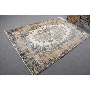 Vintage Turkish Large Rug 5.4x8.6 ft, <b>Brown</b> Gray Bordered <b>Wool</b> Rug - Product Image 2