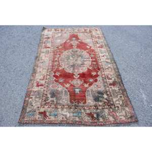 Alfombra de área de lana turca Vintage, diseño de retazos rojo y Beige, rectángulo grande, respaldo de látex de 39x64 pies para habitación de pasillo, 10mm de espesor - Product Image 1