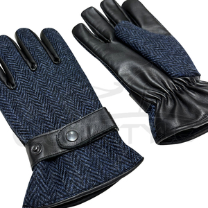 Gants en tweed de laine bleu chevrons en cuir noir sangle réglable classique mode Premium cuir en peau de mouton gants d'hiver pour hommes - Product Image 2