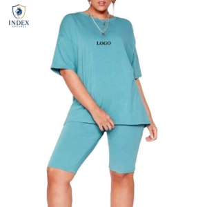 Conjunto de 2 Piezas para Mujer, Color Verde Azulado, Tejido de Punto, Algodón, Corte Holgado Informal, Cuello Redondo, Manga Corta, Largo por Encima de la Rodilla - Product Image 1