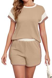 Conjunto de 2 Piezas de Verano para Mujer, Chándal Informal de Punto por Encima de la Rodilla, Conjunto de Manga Larga, Conjunto de Camiseta Corta Lisa Unisex - Product Image 2