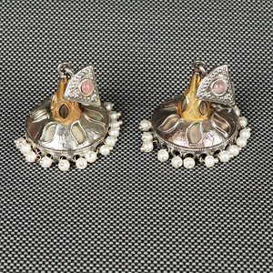 Antique Gold <b>Jhumka</b> Earrings with Pink Stone Pearls Bohemia Style Flower Drop Design Indian Jewelry Gift for Her Made From Brass - Product Image 4