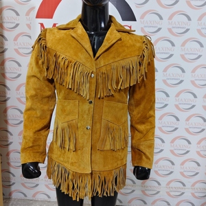 Venta caliente Unisex Suede cuero flecos lona Vintage motocicleta chaqueta hecha a mano borla impermeable - Product Image 5