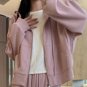 เสื้อฮู้ดแขนยาวมีซิปสองชั้นสไตล์เกาหลีสำหรับผู้หญิงแจ็คเก็ตกีฬาทรงหลวมสีพื้นสำหรับฤดูหนาว - Product Image 4