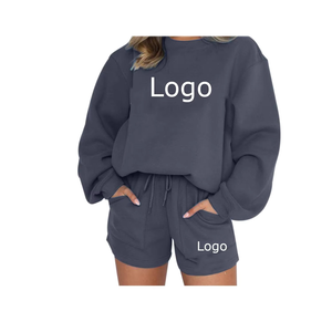 Unisex Cotton Crew Neck Sweatshirt <b>Shorts</b> Set Lightweight Eco-Friendly Custom Logo Jogging Sweat suit for <b>Men</b> and Women - Product Image 2
