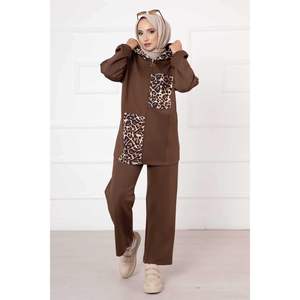 Scuba Con Cremallera Adornado Leopardo Conjunto De 2 Piezas Marrón - Product Image 5