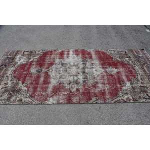Vintage Turkish Rug, 4.3x9.9 ft Rug, <b>Red</b> Solid <b>Wool</b> Rug - Product Image 3