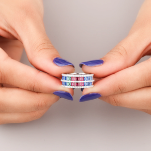 Bague arc-en-ciel en argent sterling 925 multicolore coupe princesse Moissanite bague en diamant Triple rangée bande glacée - Product Image 4