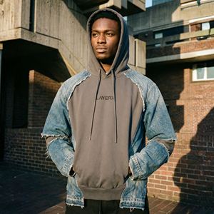 Sweat-shirt à capuche en molleton respirant et écologique pour homme, patchwork en coton, ourlet brut, broderie usée, coupe ample, pull-over - Product Image 1