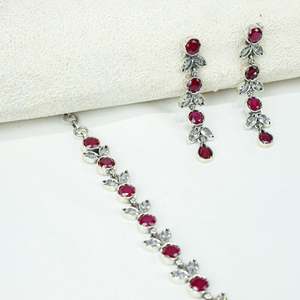 Ayushi 925 Silver <b>Necklace</b> Set & Earrings Semiprecious Delicate <b>Ruby</b> & Zircon Flower Petal for Weddings - Product Image 3