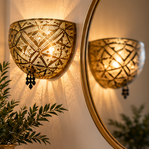 Lámpara de pared marroquí hecha a mano, globo de latón perforado, lámpara con diseño geométrico de estrellas, luz decorativa hueca. - Product Image 5