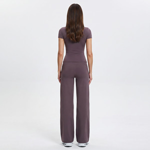Women's Seamless Yoga Set Crew Neck Short Sleeve High Waist Full Length Solid Color Activewear Pants and <b>Top</b> 2 Piece Set - Product Image 2