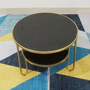 SFBT008-Modern 2-Tier Round <b>Sofa</b> <b>Table</b> with Tempered Glass Top Gold Bronze Frame Marble-Faced Bottom - Product Image 3